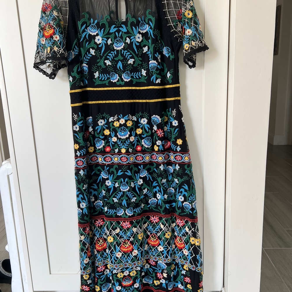 Anthropologie Black Maxi Dress with Blue, Green and Yellow Floral Embroidery